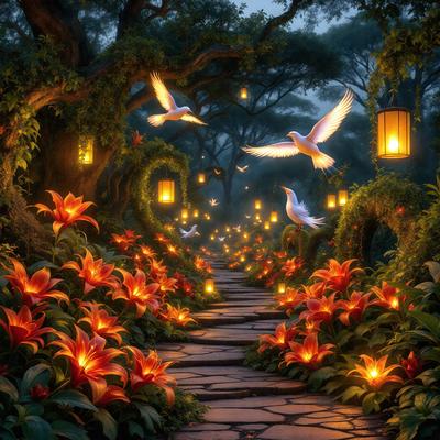 The primary subject of the image is a pathway surrounded by flowers and lit up by lanterns. The setting is a forest, with trees and plants visible in the background. The visual style is a combination of photo and digital art, creating a surreal and whimsical atmosphere. The dominant colors are red and orange, with the flowers and lanterns adding a warm and vibrant touch to the scene.